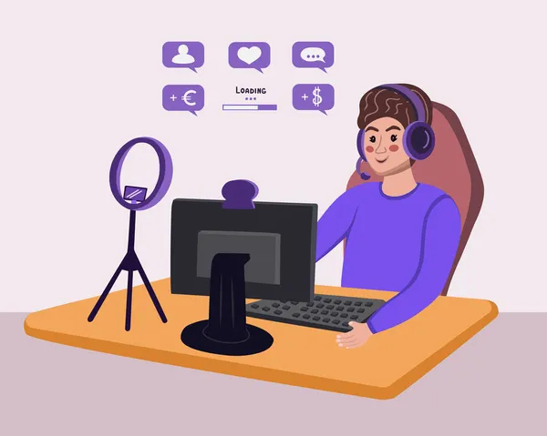 Video game streamer Vector Illustration. E-sport gamer live streaming online videogame play and viewer with computer. E-sports streaming, live game show, online streaming business concept. — Stock Vector