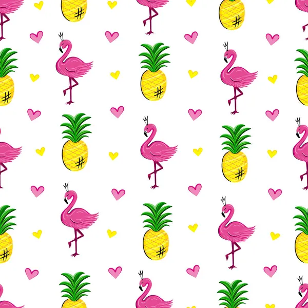 Flamingo, padrão sem costura de abacaxi. Ilustração vetorial para impressão, fundos, capas, embalagens, cartões, cartazes, adesivos, têxteis, design sazonal. Isolado sobre fundo branco. — Vetor de Stock