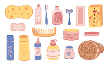 Vücut ürünleri seti, prosedürler için banyo aksesuarları, vücut bakımı. Geçmiş, ambalaj, tebrik kartları, afişler, çıkartmalar, tekstil, mevsimsel tasarım için vektör illüstrasyonu. Beyaz arkaplanda izole.