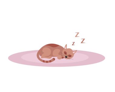 Kedi halıda, uyuyan kedi. Baskı, geçmiş, kapak, ambalaj, tebrik kartları, posterler, çıkartmalar, tekstil, mevsimlik tasarım için vektör ilüstrasyonu. Beyaz arkaplanda izole.