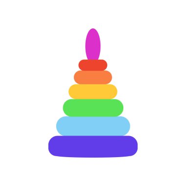 Çocuk piramidi, çocuk oyuncak gökkuşağı piramidi. Baskı, geçmiş, kapak, ambalaj, tebrik kartları, posterler, çıkartmalar, tekstil, mevsimlik tasarım için vektör ilüstrasyonu. Beyaz arkaplanda izole.