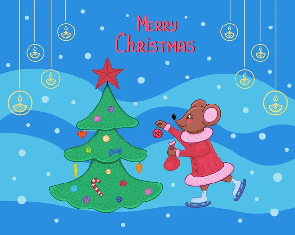 Δωροκάρτα Καλά Χριστούγεννα Ποντίκι Χριστουγεννιάτικο Δέντρο Διάνυσμα Εικονογράφηση Για Εκτύπωση — Διανυσματικό Αρχείο