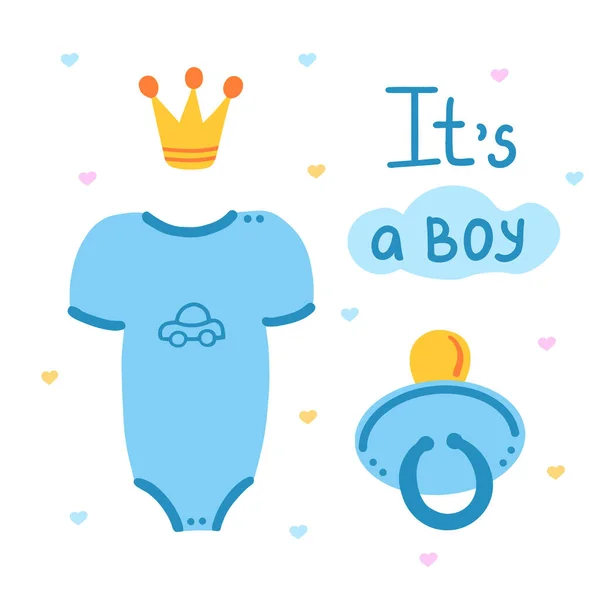 Its Boy Bodysuit Pacifier Crown Vector Illustration Printing Backgrounds Covers — Stock Vector