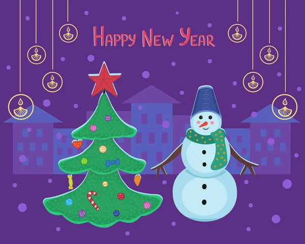 Δωροκάρτα Ευτυχισμένο Νέο Έτος Χιονάνθρωπος Χριστουγεννιάτικο Δέντρο Πόλη Εικονογράφηση Διάνυσμα — Διανυσματικό Αρχείο