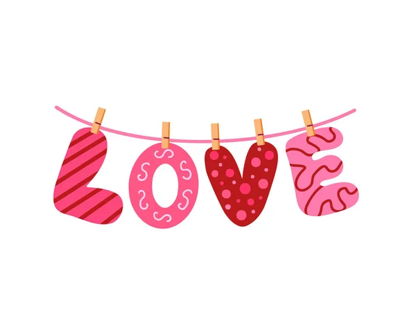 Love Garland Valentine Day Love Text Clothespins Vector Illustration Backgrounds — Stock Vector