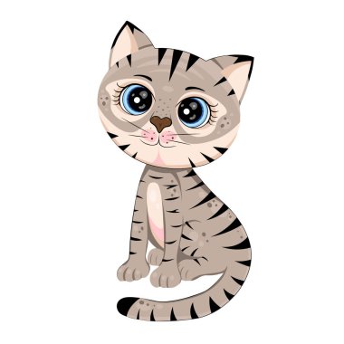 Çizgili gri kedi, sevimli evcil hayvan. Baskı, geçmiş, kapak, ambalaj, tebrik kartları, posterler, çıkartmalar, tekstil, mevsimlik tasarım için vektör ilüstrasyonu. Beyaz arkaplanda izole.