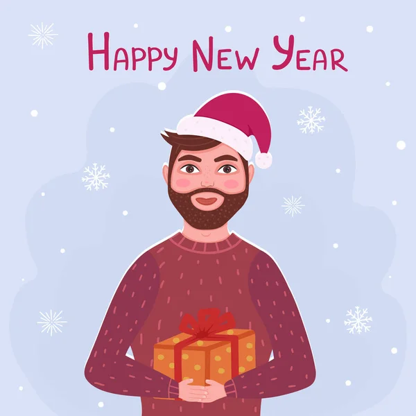 Happy New Year greeting card, man in christmas hat. Vector Illustration for printing, backgrounds, covers, packaging, greeting cards, posters, stickers, textile, seasonal design. — Vetor de Stock