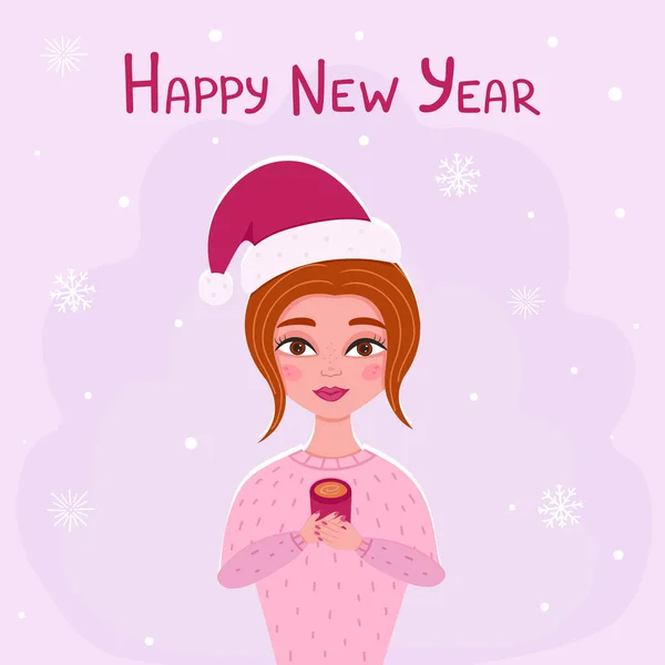Happy New Year greeting card, girl in christmas hat. Vector Illustration for printing, backgrounds, covers, packaging, greeting cards, posters, stickers, textile, seasonal design. — Vetor de Stock