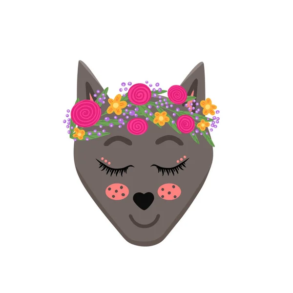 かわいい花のオオカミの女の子 カバー グリーティングカード ポスター ステッカー テキスタイル 季節のデザインのためのベクトルイラスト 白地に隔離された — ストックベクタ