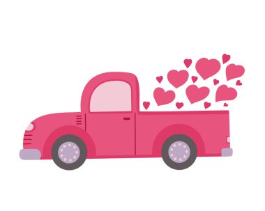 Pick up truck with Hearts. Valentine's Day. Pink retro farm truck with love. Vector Illustration for backgrounds, packaging, greeting cards, stickers and seasonal design. Isolated on white background.