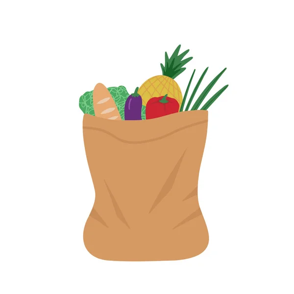 Bolsa de comestibles, comida, paquete de papel con verduras. Ilustración vectorial para impresión, fondos, cubiertas, embalajes, tarjetas de felicitación, pegatinas, textiles y diseño estacional. Aislado sobre fondo blanco. — Vector de stock