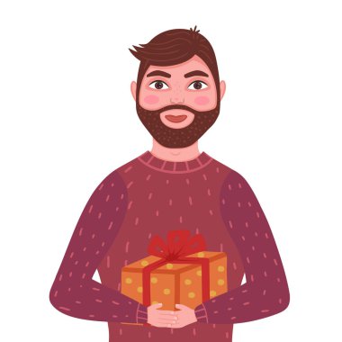 Man with present. Man wrapped gift box. Vector Illustration for printing, backgrounds, covers, packaging, greeting cards, posters, stickers, textile, seasonal design. Isolated on white background.