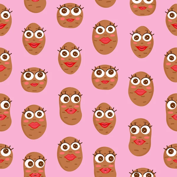 目と唇、女の子、女性、ピンクの背景にジャガイモのシームレスなパターンを持つジャガイモ。背景、カバー、パッケージ、グリーティングカード、ポスター、テキスタイル、季節のデザインのためのベクトルイラスト. — ストックベクタ
