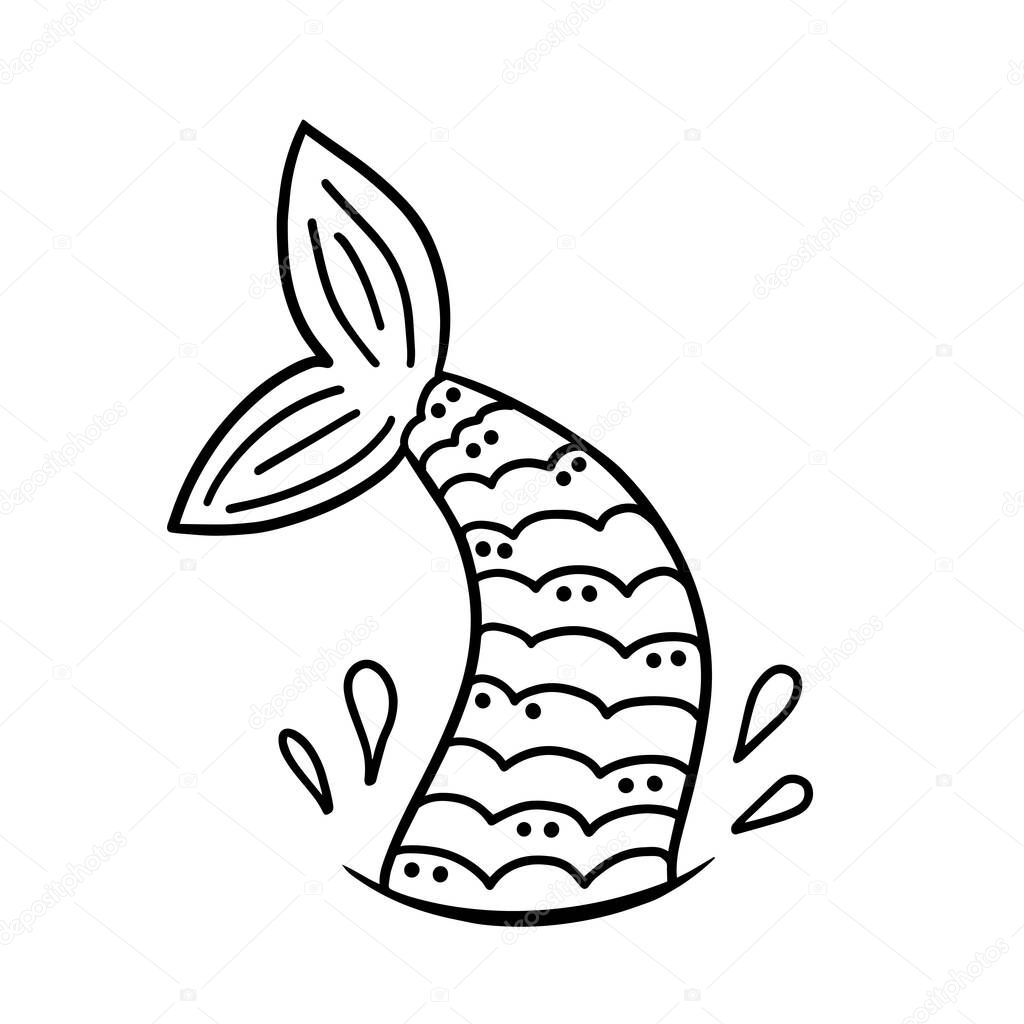 Fish tail. Hand drawn silhouette of mermaids tail. Vector Illustration for backgrounds, covers, packaging, greeting cards, posters, sticker, textile and seasonal design. Isolated on white background.