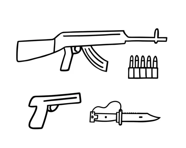 Armas Militares Metralhadora Pistola Faca Baioneta Revista Munições Balas Ilustração — Vetor de Stock