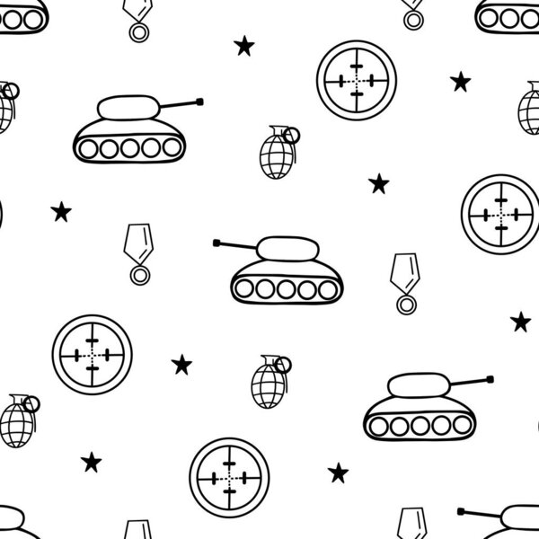 Panzer seamless pattern. Tank, grenade, gun sight, medal Icon. Vector Illustration for printing, background, cover, packaging, greeting card, textile and seasonal design. Isolated on white background.