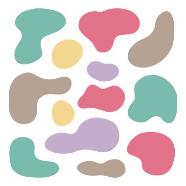 Renkli soyut şekiller, moda tasarım unsurları. Baskı, özgeçmiş, kapak, ambalaj, tebrik kartları, posterler, tekstil ve mevsimsel tasarım için vektör ilüstrasyonu. Beyaz arkaplanda izole.