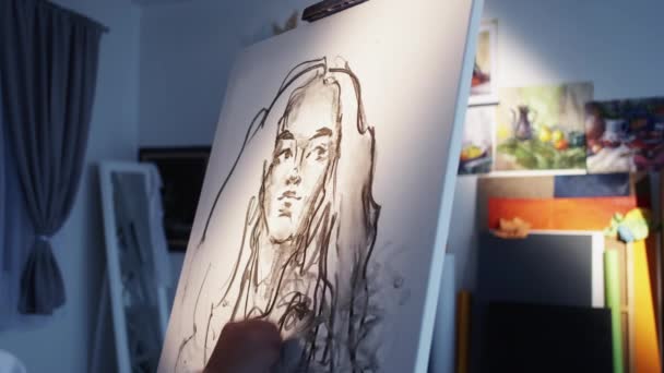 Skiss porträtt kvinnlig artist impressionism stil — Stockvideo