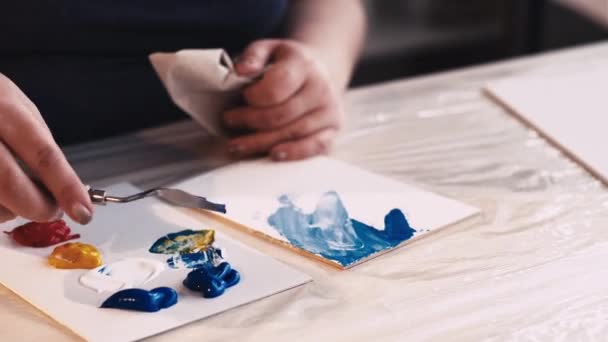 Processo de pintura artista feminina passatempo criativo — Vídeo de Stock