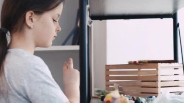 Sanatsal hobi. Güzel kız. Aletleri boyuyor.