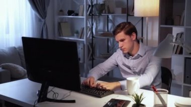 distance work exhausted man busy day tired office