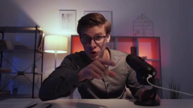 expressive male blogger video conference happy man