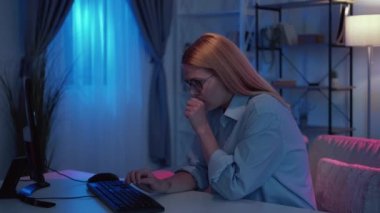 distance work exhausted woman online research