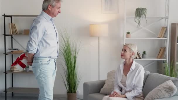 Vacaciones sorpresa feliz de mediana edad pareja agradable — Vídeo de stock