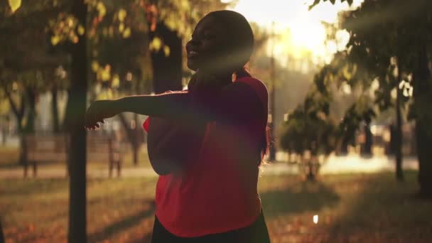 Estiramiento ejercicio deportivo estilo de vida parque mujer — Vídeo de stock