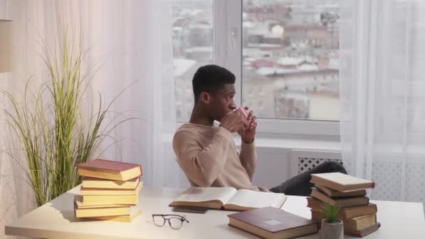 Coffee break serene man relaxing tea home window — Stock Video