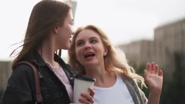 Друзі міська прогулянка вихідні дозвілля жінки вулиці — стокове відео