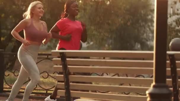 Parque jogging cardio entrenamiento feliz mujeres calle — Vídeos de Stock