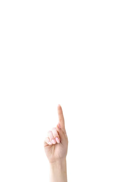 Recomendando gesto idea mano apuntando hacia arriba dedo — Foto de Stock