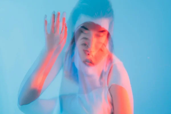 Zarte Frau Neon Porträt Doppelbelichtung Gesicht — Stockfoto