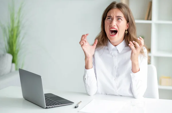Лютий гнів офіс жінка працює труднощі — стокове фото