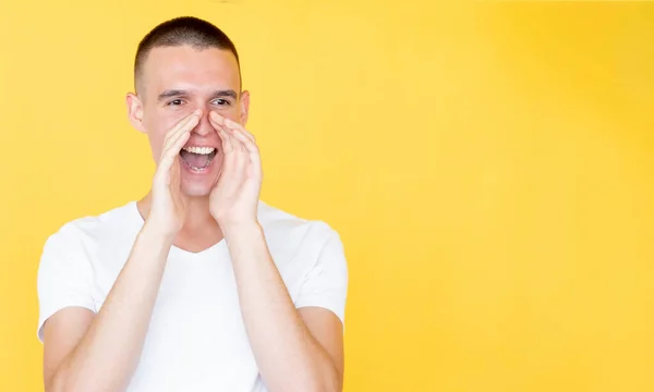 Megaphone gesture shouting man important — Stok Foto