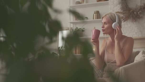 Muziek inspiratie dromerige vrouw home leisure — Stockvideo