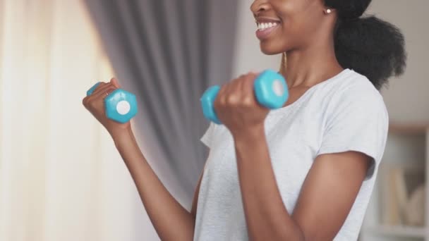 Pesos ejercicio deportista estilo de vida casa — Vídeos de Stock