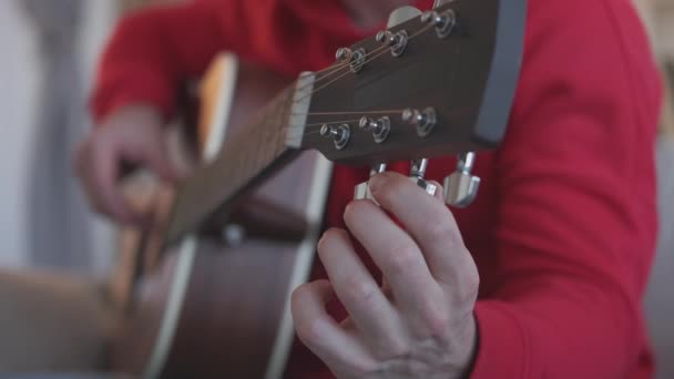 Gitarr tuning musik hobby man hand justera pinnar — Stockvideo