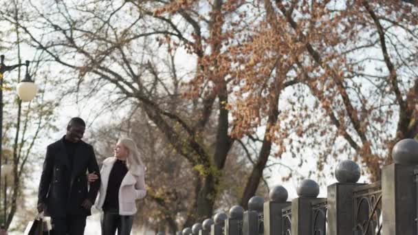 Pár chůze rozmanitý vztah muž žena park — Stock video