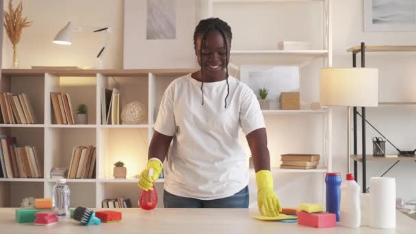 Прибирання будинку прибирання додому щаслива жінка витирає пил — стокове відео
