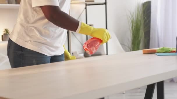 Καθαρίστρια καθαρίστρια σκουπίζει έπιπλα — Αρχείο Βίντεο