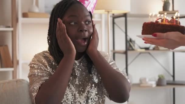 Birthday cake happy holiday woman blowing candles — Stock Video