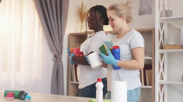 Casa limpeza tarefas domésticas dois amigos do sexo feminino — Vídeo de Stock
