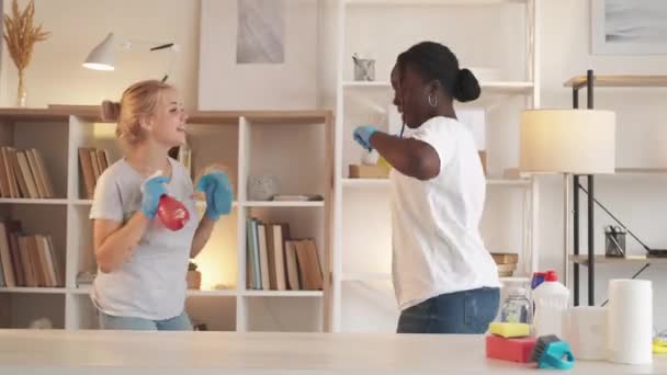 Zabawy sprzątanie domu obowiązki hobby szczęśliwy pokojówki taniec — Wideo stockowe