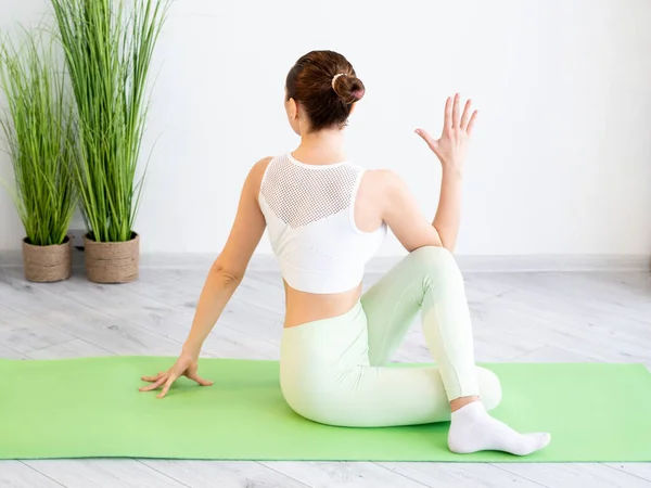 Yoga training home workout woman sport practicing — Stock Photo, Image