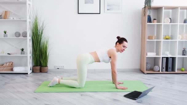 Yoga klass handledning online träning kvinna laptop — Stockvideo