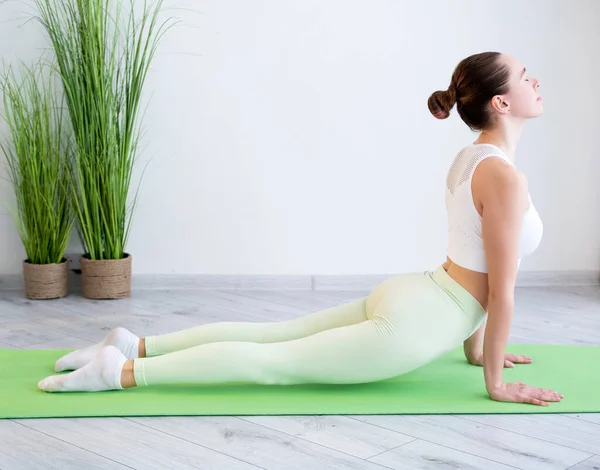 Casa entrenamiento pilates ejercicio en forma mujer yoga gimnasio —  Fotos de Stock