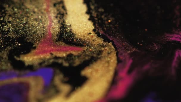 Χρυσαφί υγρό κύμα μελάνι επιπλέουν χρυσό μαύρο ροζ — Αρχείο Βίντεο