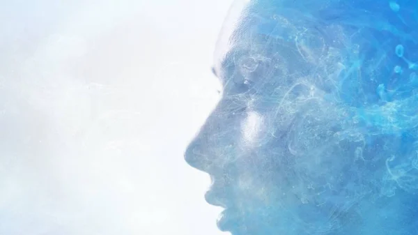 Spiritual aura inner peace woman face blue mist — Stok fotoğraf